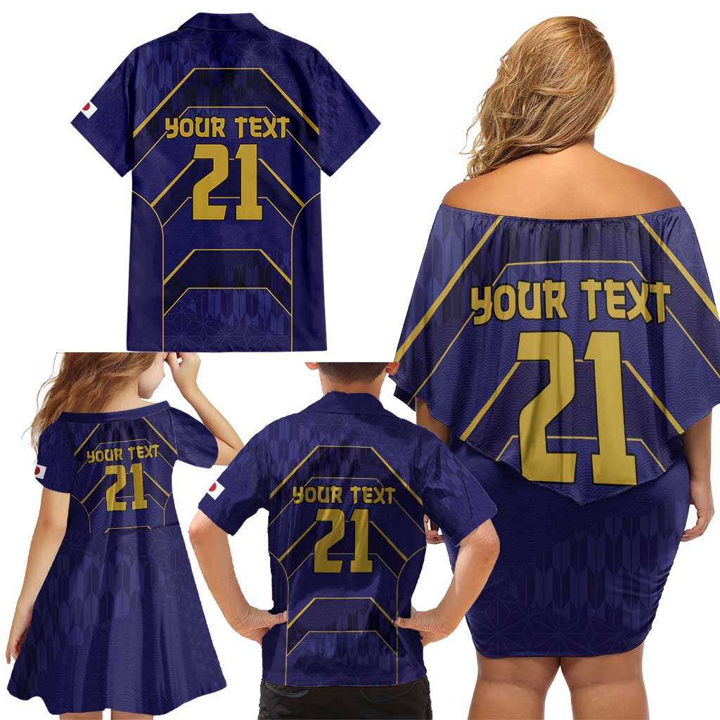 Japan Pacific Rugby 2022-23 Custom Family Matching Off Shoulder Short Dress and Hawaiian Shirt Blue Sakura Japanese Wave Pattern