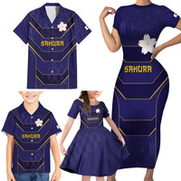 Japan Pacific Rugby 2022-23 Custom Family Matching Short Sleeve Bodycon Dress and Hawaiian Shirt Blue Sakura Japanese Wave Pattern