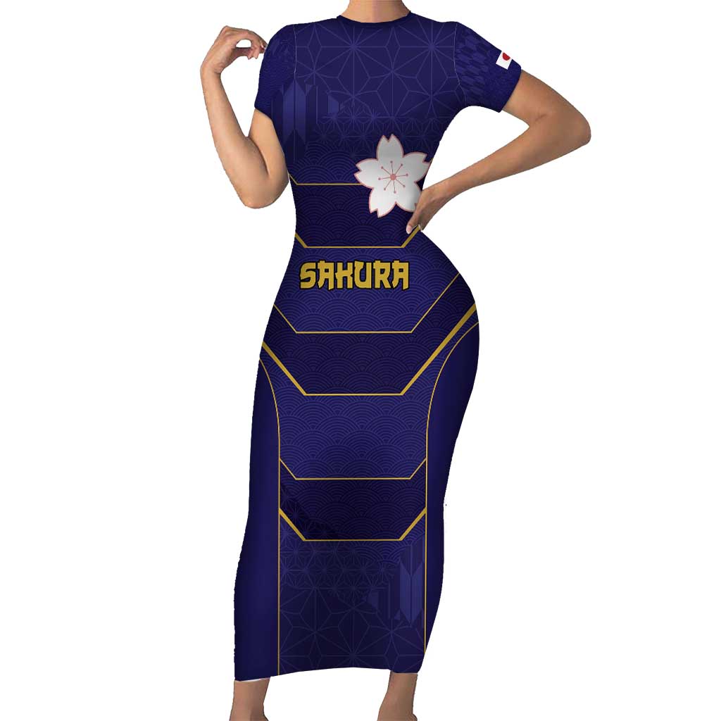 Japan Pacific Rugby 2022-23 Custom Family Matching Short Sleeve Bodycon Dress and Hawaiian Shirt Blue Sakura Japanese Wave Pattern