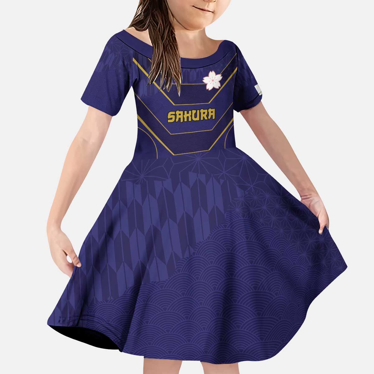 Japan Pacific Rugby 2022-23 Custom Kid Short Sleeve Dress Blue Sakura Japanese Wave Pattern