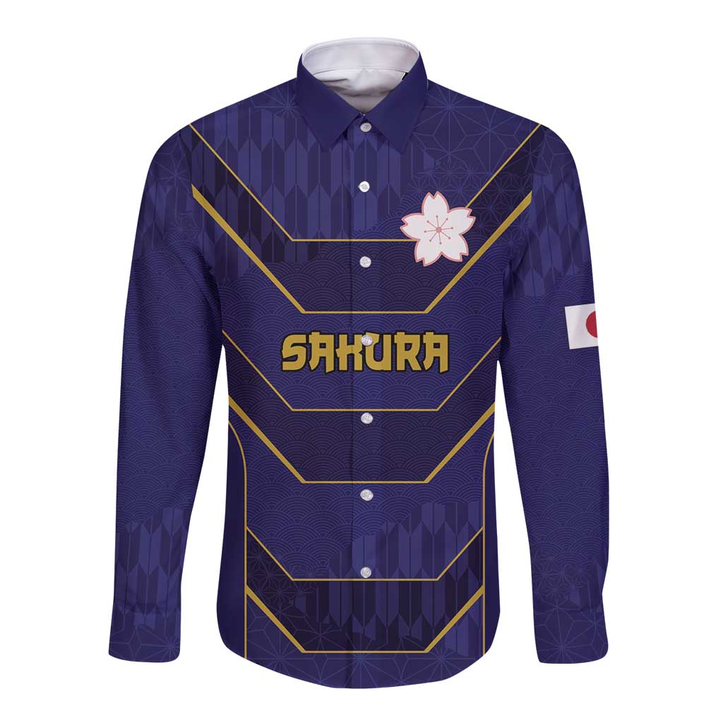 Japan Pacific Rugby 2022-23 Custom Long Sleeve Button Shirt Blue Sakura Japanese Wave Pattern