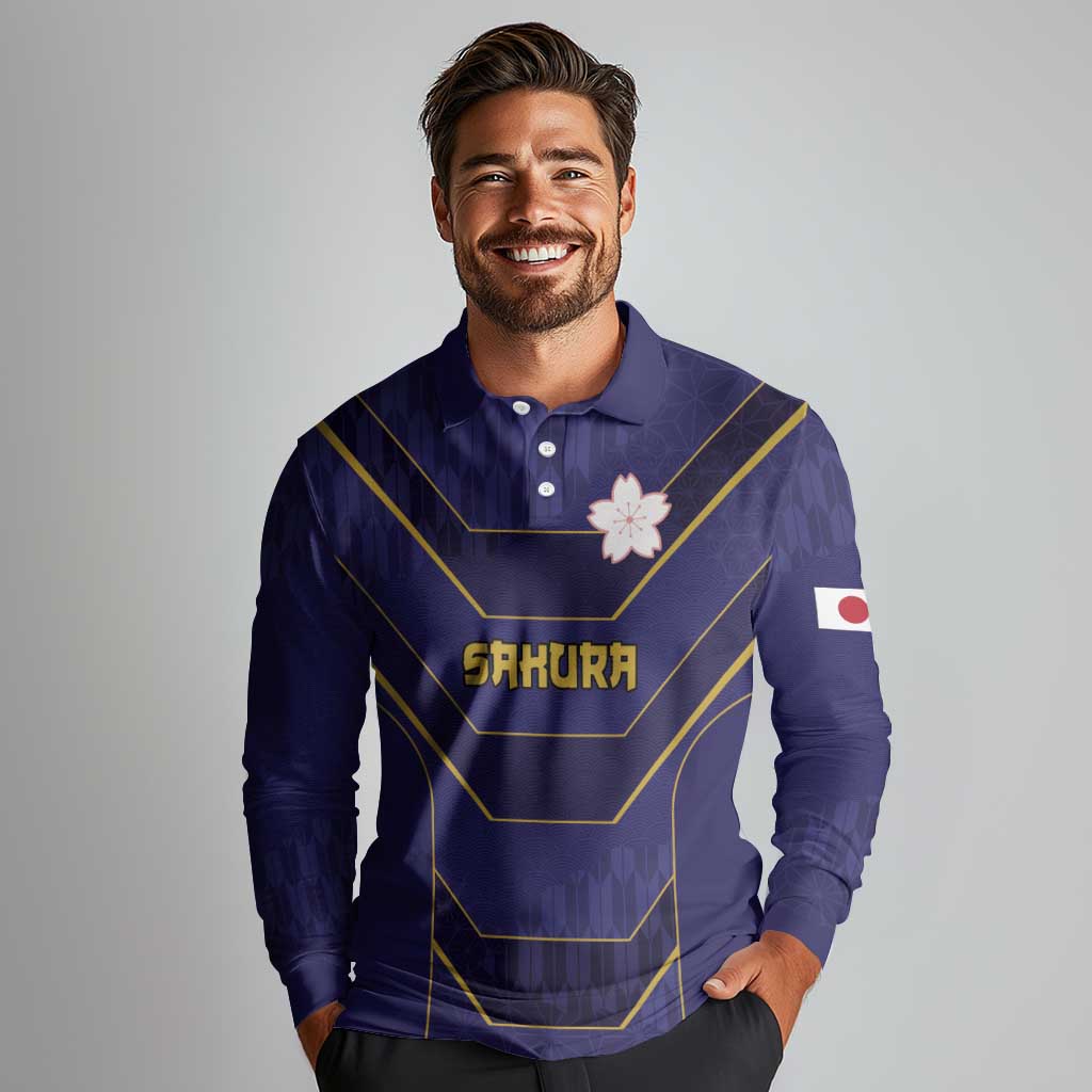 Japan Pacific Rugby 2022-23 Custom Long Sleeve Polo Shirt Blue Sakura Japanese Wave Pattern
