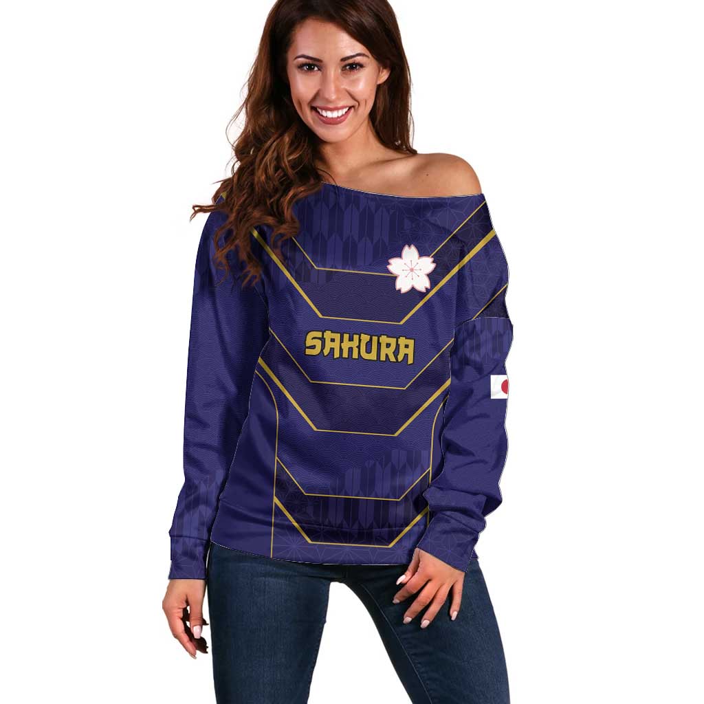 Japan Pacific Rugby 2022-23 Custom Off Shoulder Sweater Blue Sakura Japanese Wave Pattern