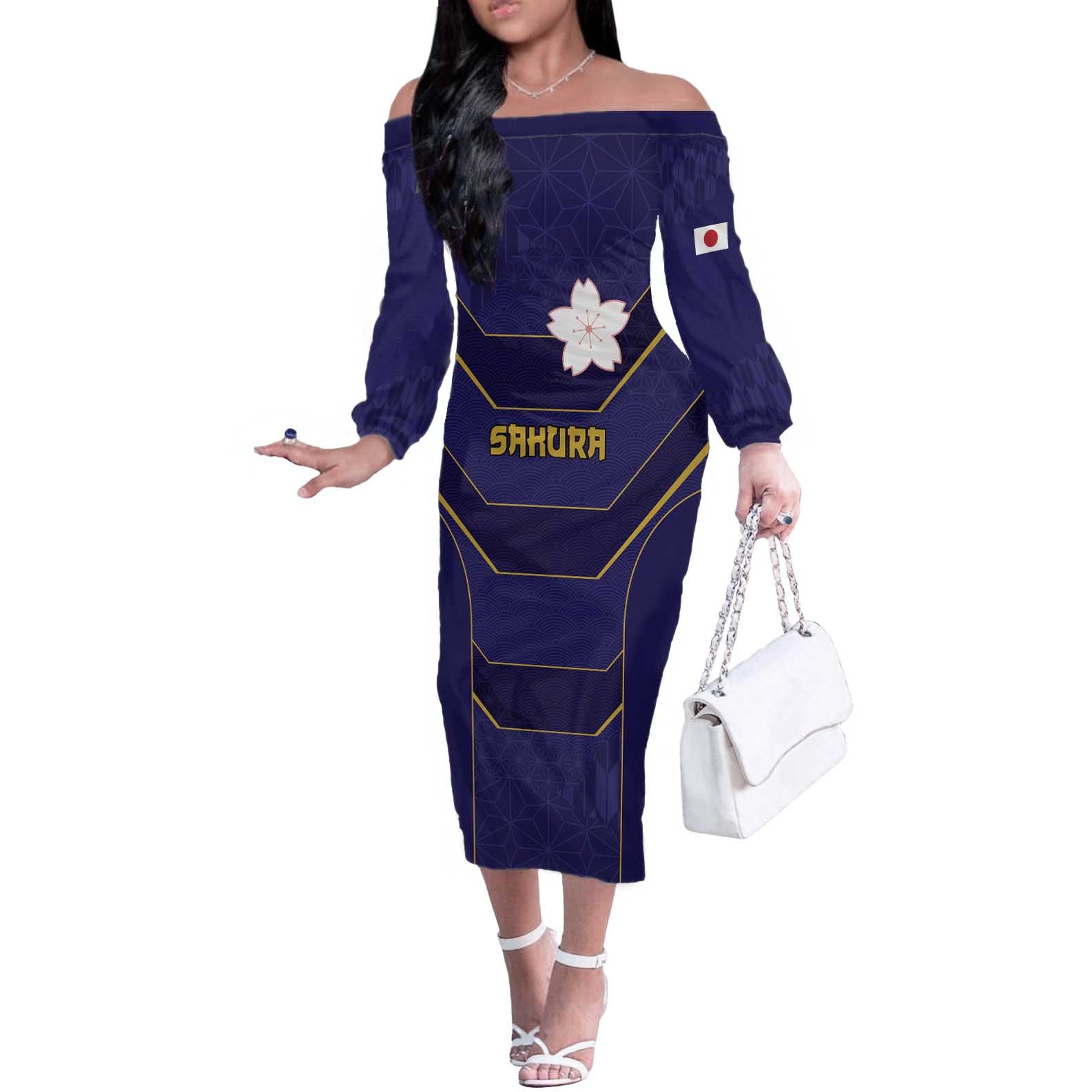 Japan Pacific Rugby 2022-23 Custom Off The Shoulder Long Sleeve Dress Blue Sakura Japanese Wave Pattern