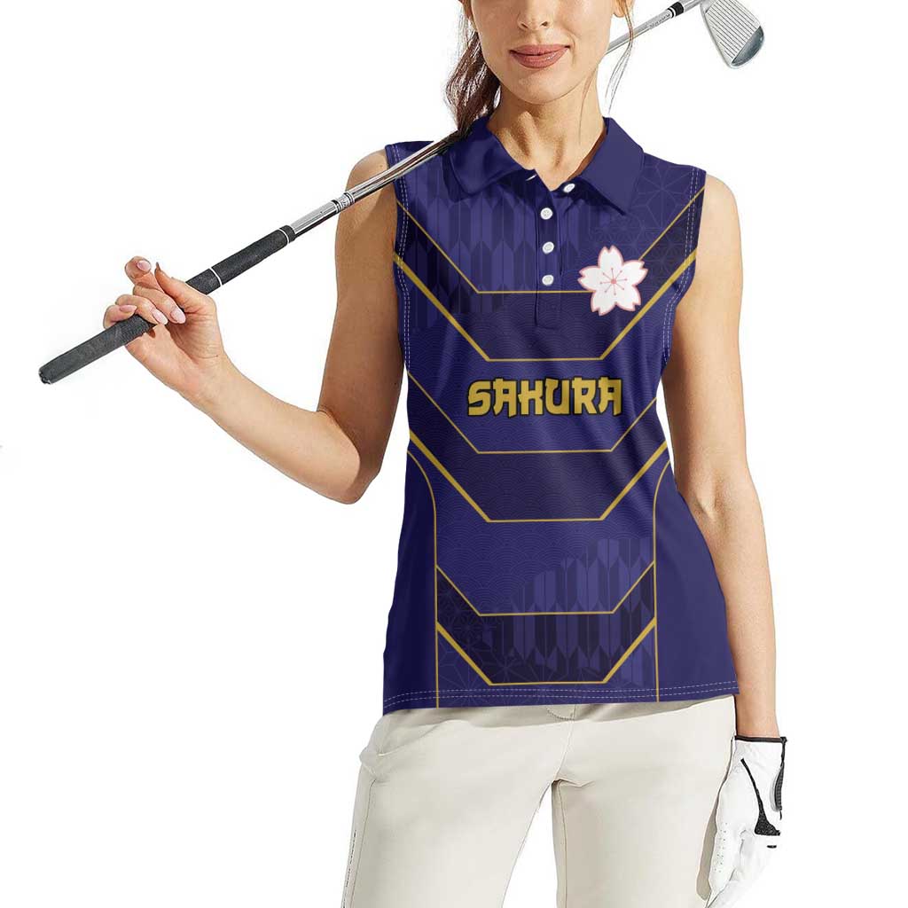 Japan Pacific Rugby 2022-23 Custom Women Sleeveless Polo Shirt Blue Sakura Japanese Wave Pattern