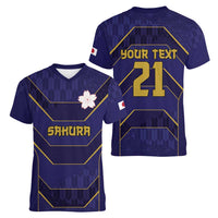 Japan Pacific Rugby 2022-23 Custom Women V-Neck T-Shirt Blue Sakura Japanese Wave Pattern