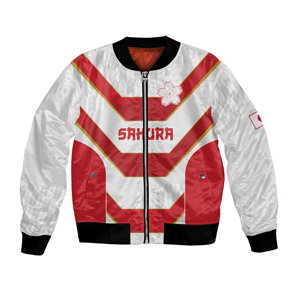 Japan Pacific Rugby 2022-23 Custom Bomber Jacket Red Sakura Japanese Wave Pattern