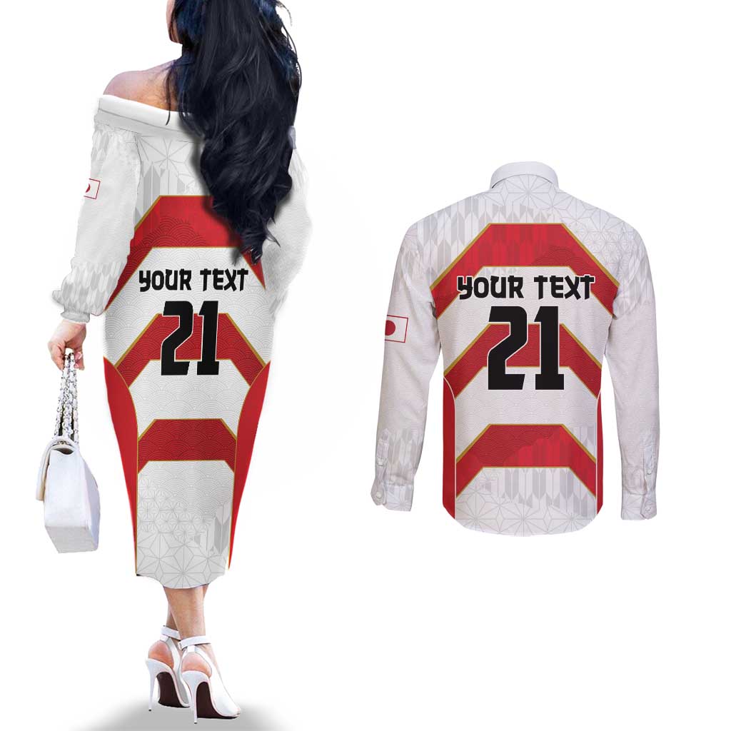 Japan Pacific Rugby 2022-23 Custom Couples Matching Off The Shoulder Long Sleeve Dress and Long Sleeve Button Shirt Red Sakura Japanese Wave Pattern
