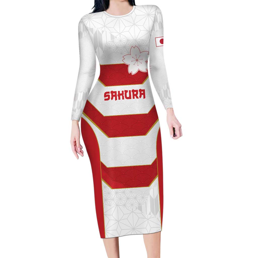 Japan Pacific Rugby 2022-23 Custom Family Matching Long Sleeve Bodycon Dress and Hawaiian Shirt Red Sakura Japanese Wave Pattern