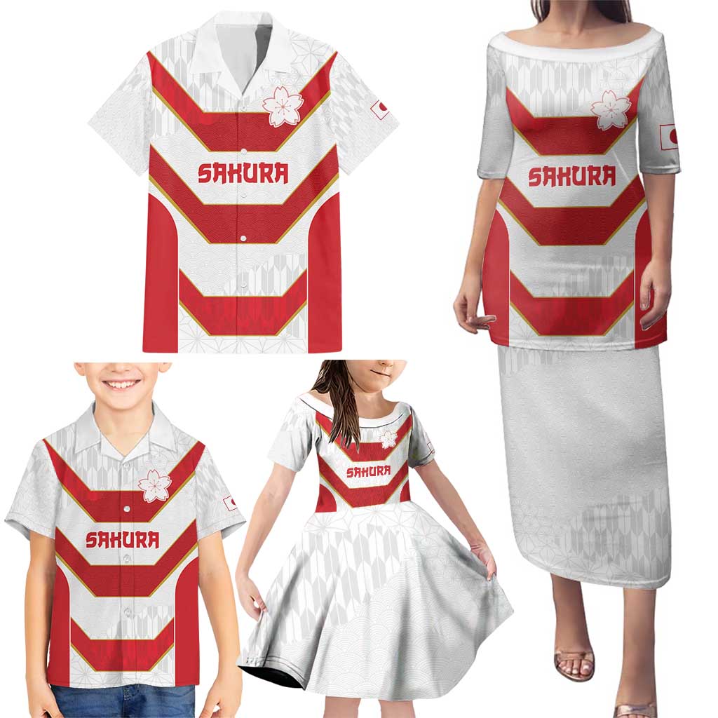 Japan Pacific Rugby 2022-23 Custom Family Matching Puletasi and Hawaiian Shirt Red Sakura Japanese Wave Pattern