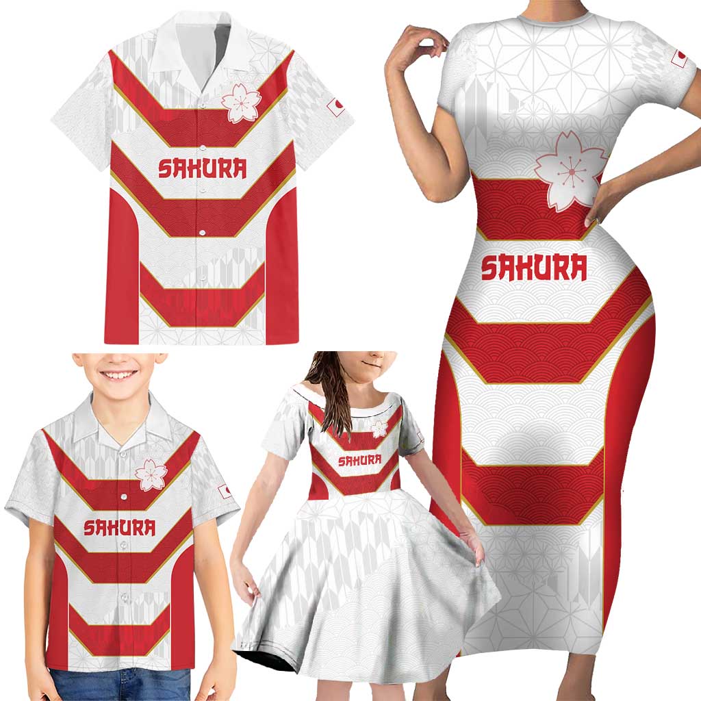 Japan Pacific Rugby 2022-23 Custom Family Matching Short Sleeve Bodycon Dress and Hawaiian Shirt Red Sakura Japanese Wave Pattern