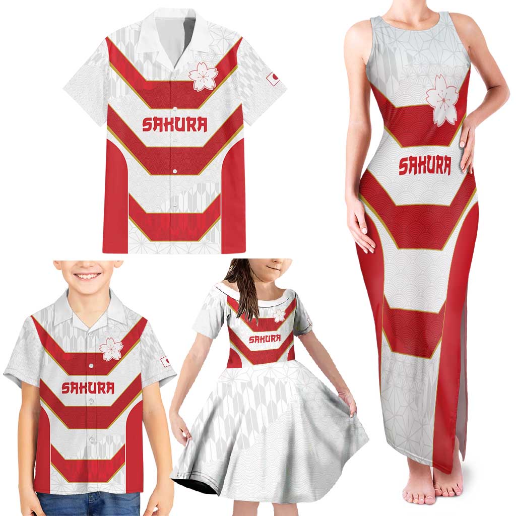 Japan Pacific Rugby 2022-23 Custom Family Matching Tank Maxi Dress and Hawaiian Shirt Red Sakura Japanese Wave Pattern