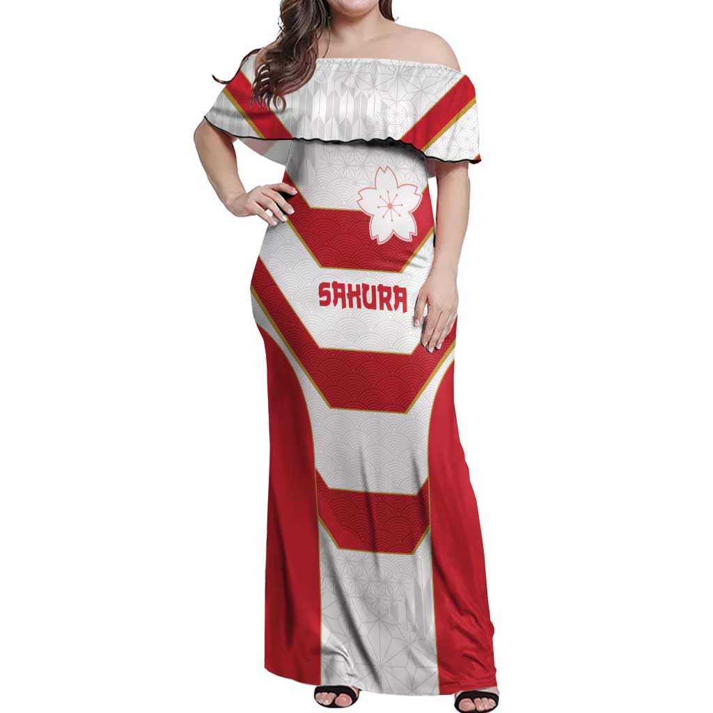 Japan Pacific Rugby 2022-23 Custom Off Shoulder Maxi Dress Red Sakura Japanese Wave Pattern