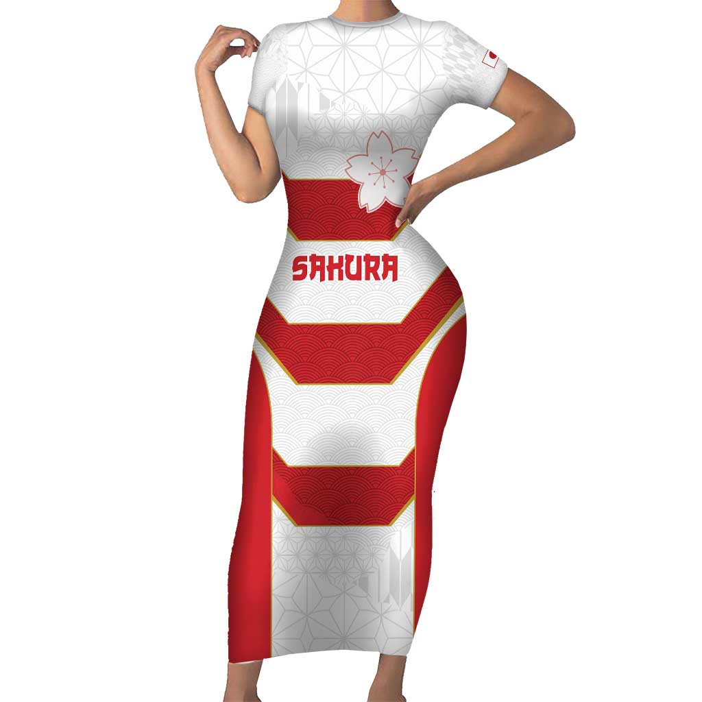 Japan Pacific Rugby 2022-23 Custom Short Sleeve Bodycon Dress Red Sakura Japanese Wave Pattern