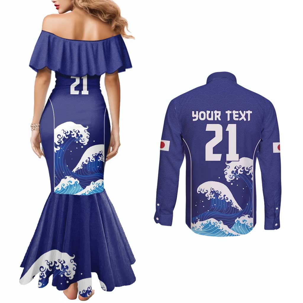 Japan Pacific Rugby Custom Couples Matching Mermaid Dress and Long Sleeve Button Shirt Go Sakura Japanese Wave Pattern