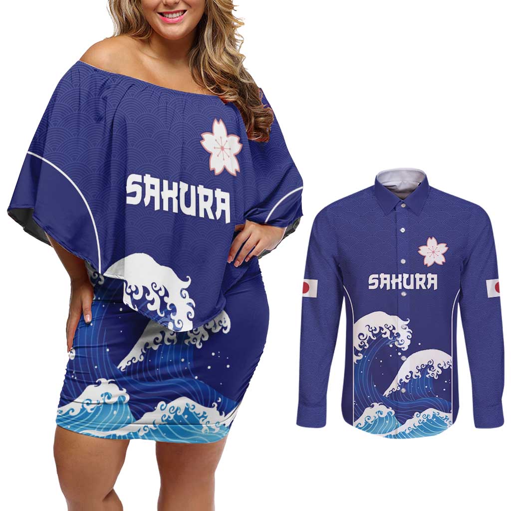 Japan Pacific Rugby Custom Couples Matching Off Shoulder Short Dress and Long Sleeve Button Shirt Go Sakura Japanese Wave Pattern