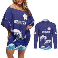 Japan Pacific Rugby Custom Couples Matching Off Shoulder Short Dress and Long Sleeve Button Shirt Go Sakura Japanese Wave Pattern