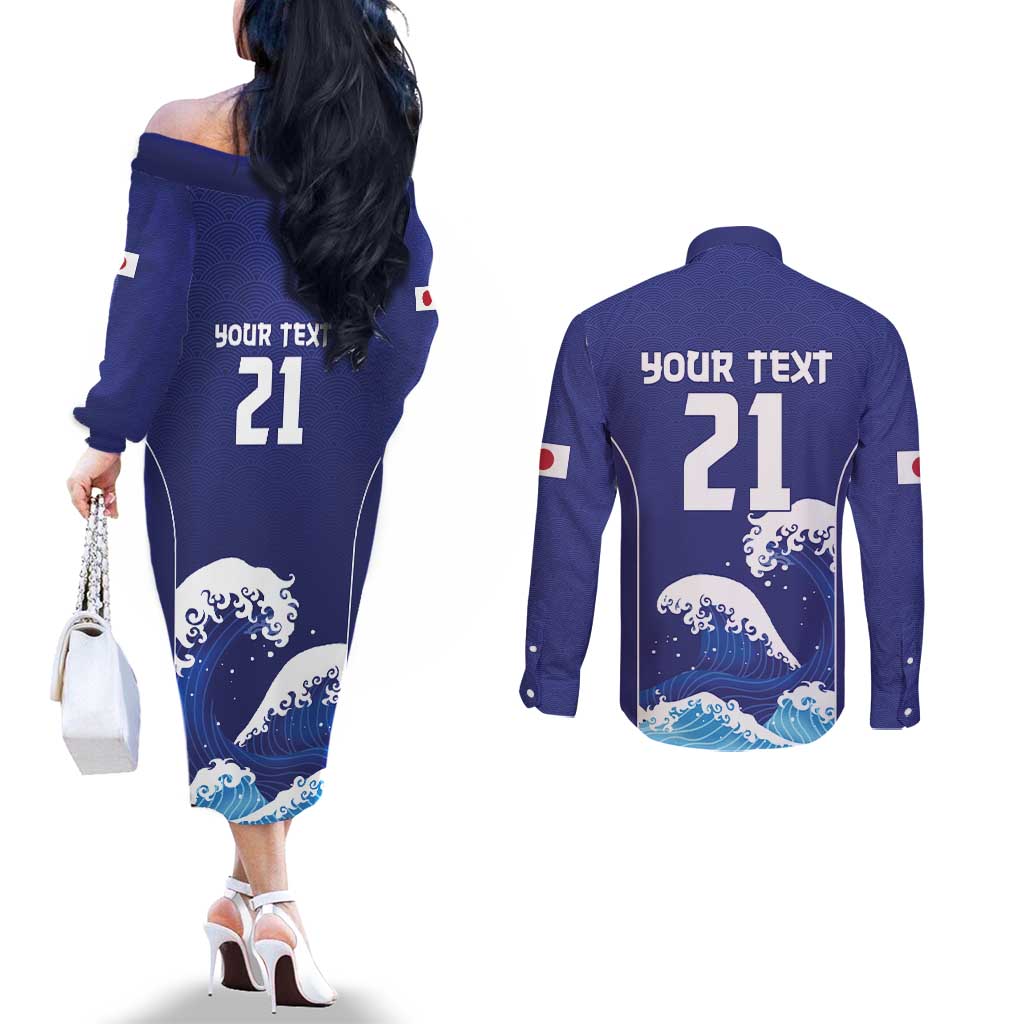 Japan Pacific Rugby Custom Couples Matching Off The Shoulder Long Sleeve Dress and Long Sleeve Button Shirt Go Sakura Japanese Wave Pattern