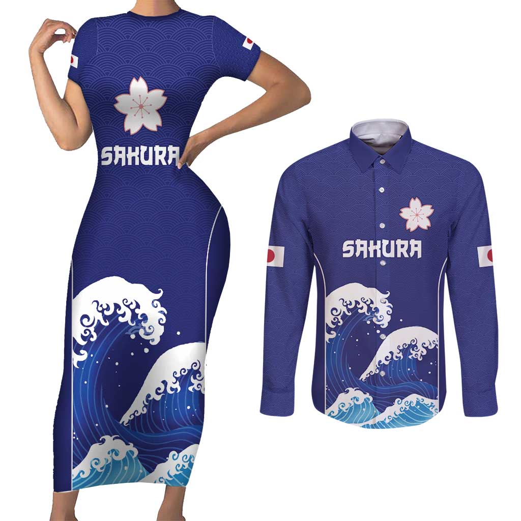 Japan Pacific Rugby Custom Couples Matching Short Sleeve Bodycon Dress and Long Sleeve Button Shirt Go Sakura Japanese Wave Pattern