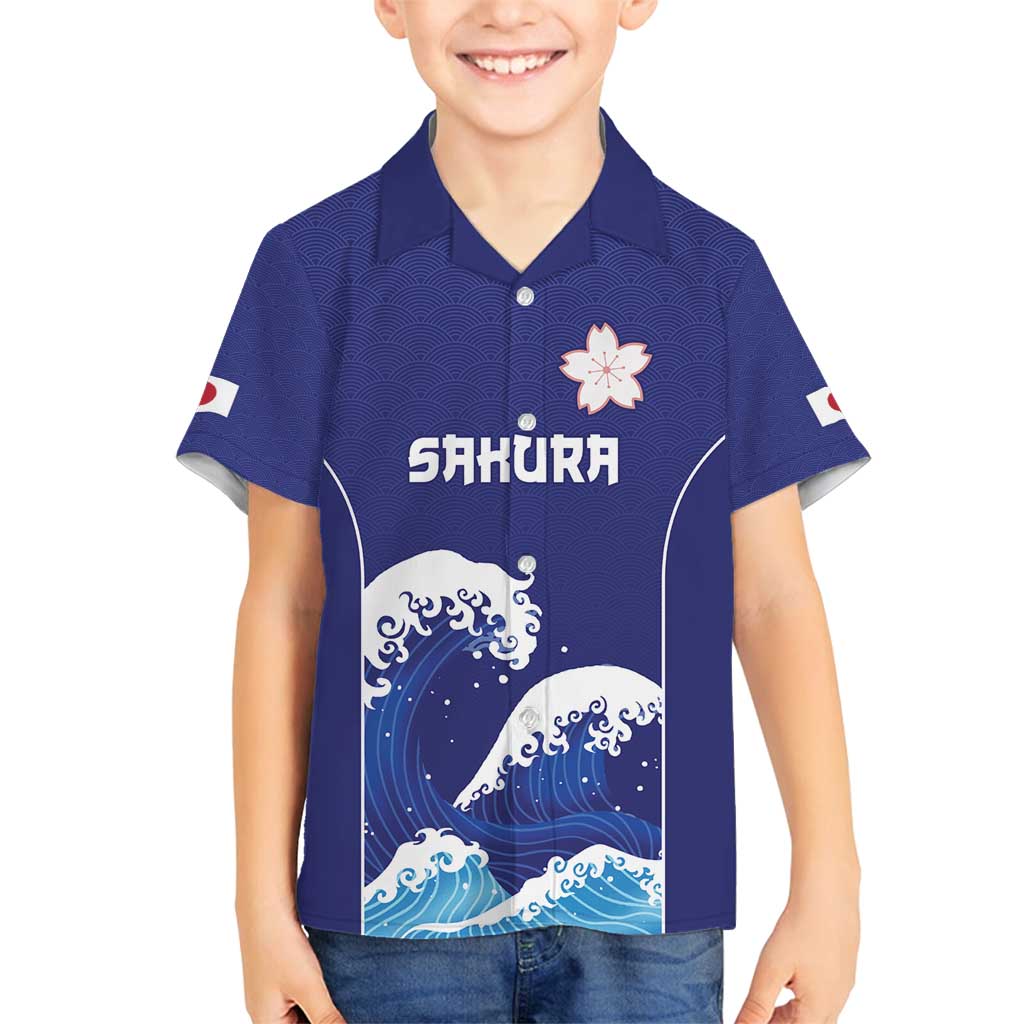 Japan Pacific Rugby Custom Family Matching Off Shoulder Maxi Dress and Hawaiian Shirt Go Sakura Japanese Wave Pattern LT9 Son's Shirt Blue - Polynesian Pride