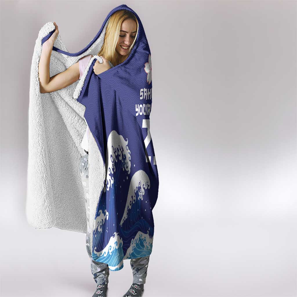 Japan Pacific Rugby Custom Hooded Blanket Go Sakura Japanese Wave Pattern