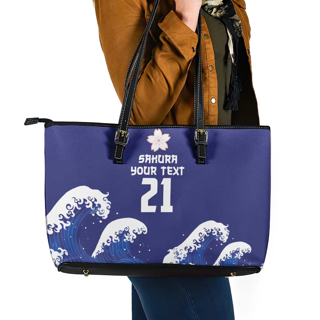 Japan Pacific Rugby Custom Leather Tote Bag Go Sakura Japanese Wave Pattern