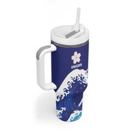 Japan Pacific Rugby Custom Tumbler With Handle Go Sakura Japanese Wave Pattern