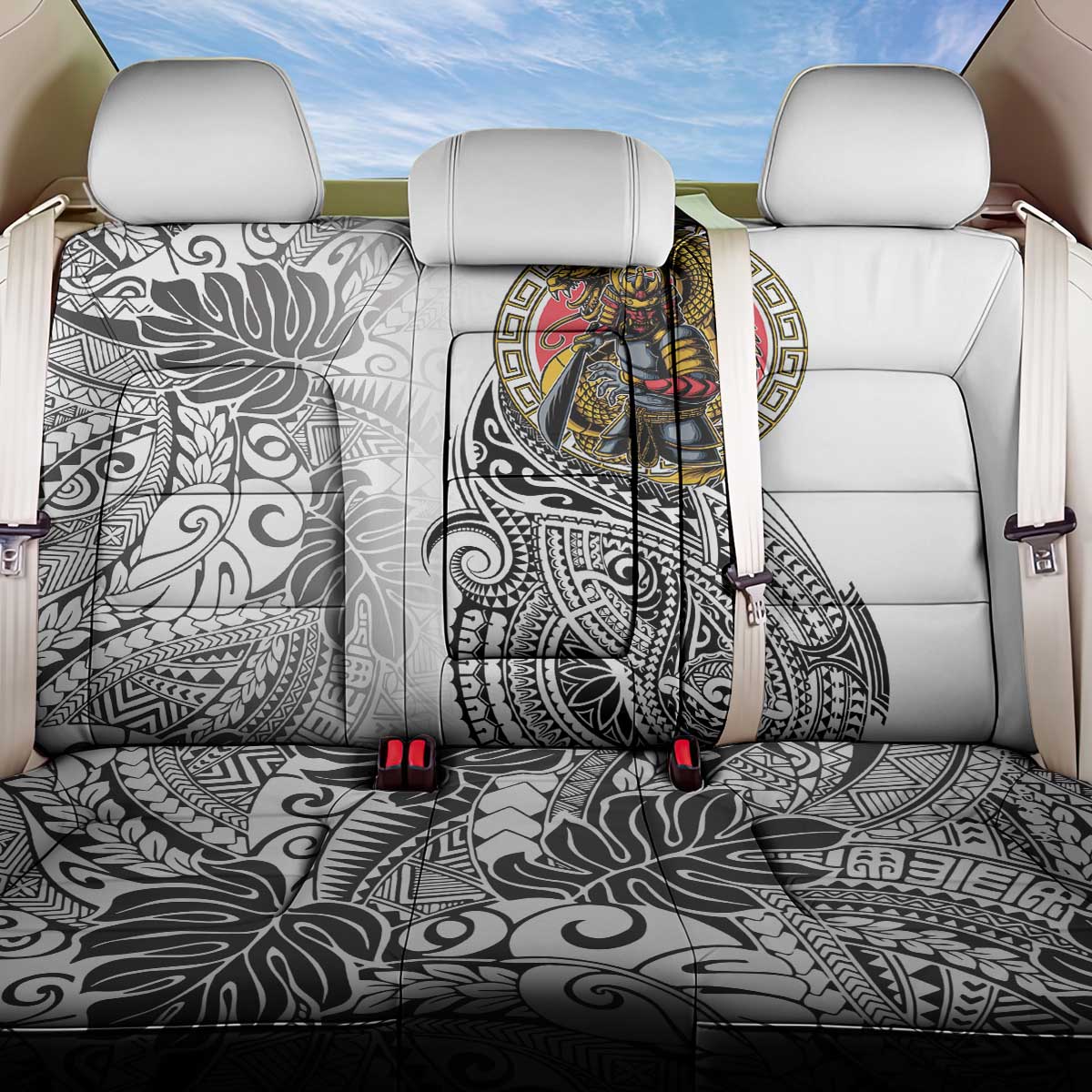Japanese Samurai Warrior Back Car Seat Cover White Polynesian Tattoo Style LT9 One Size White - Polynesian Pride