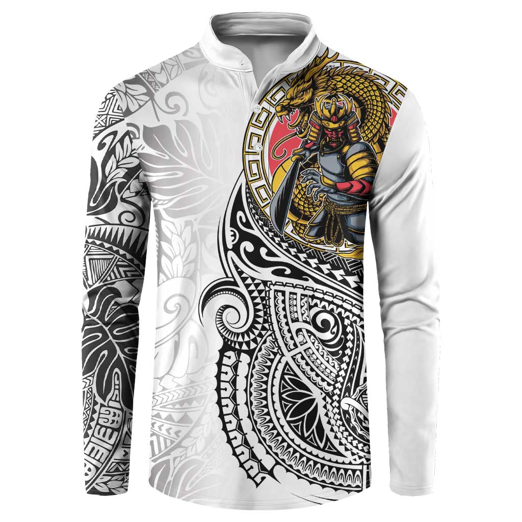 Japanese Samurai Warrior Button Sweatshirt White Polynesian Tattoo Style