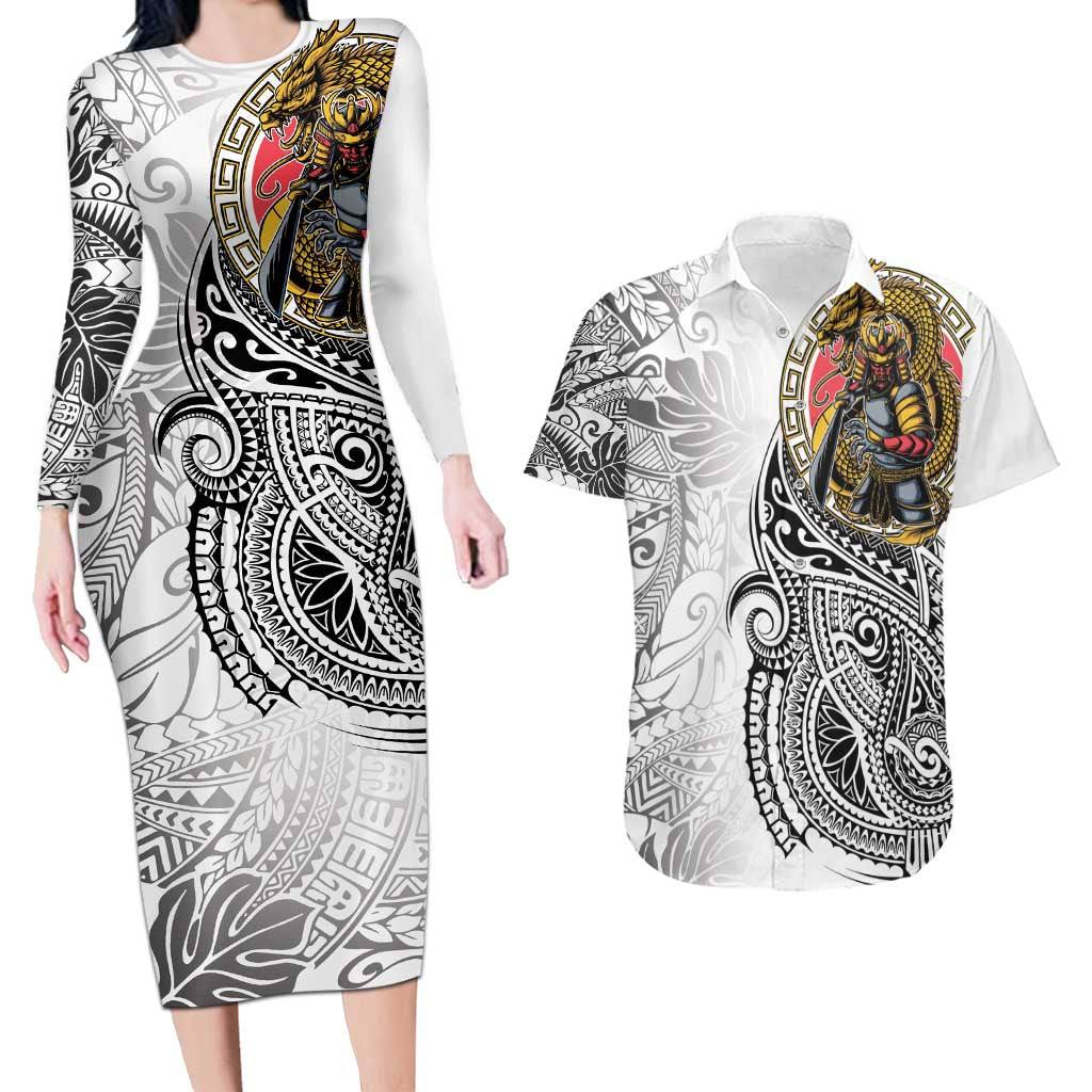 Japanese Samurai Warrior Couples Matching Long Sleeve Bodycon Dress and Hawaiian Shirt White Polynesian Tattoo Style LT9 White - Polynesian Pride