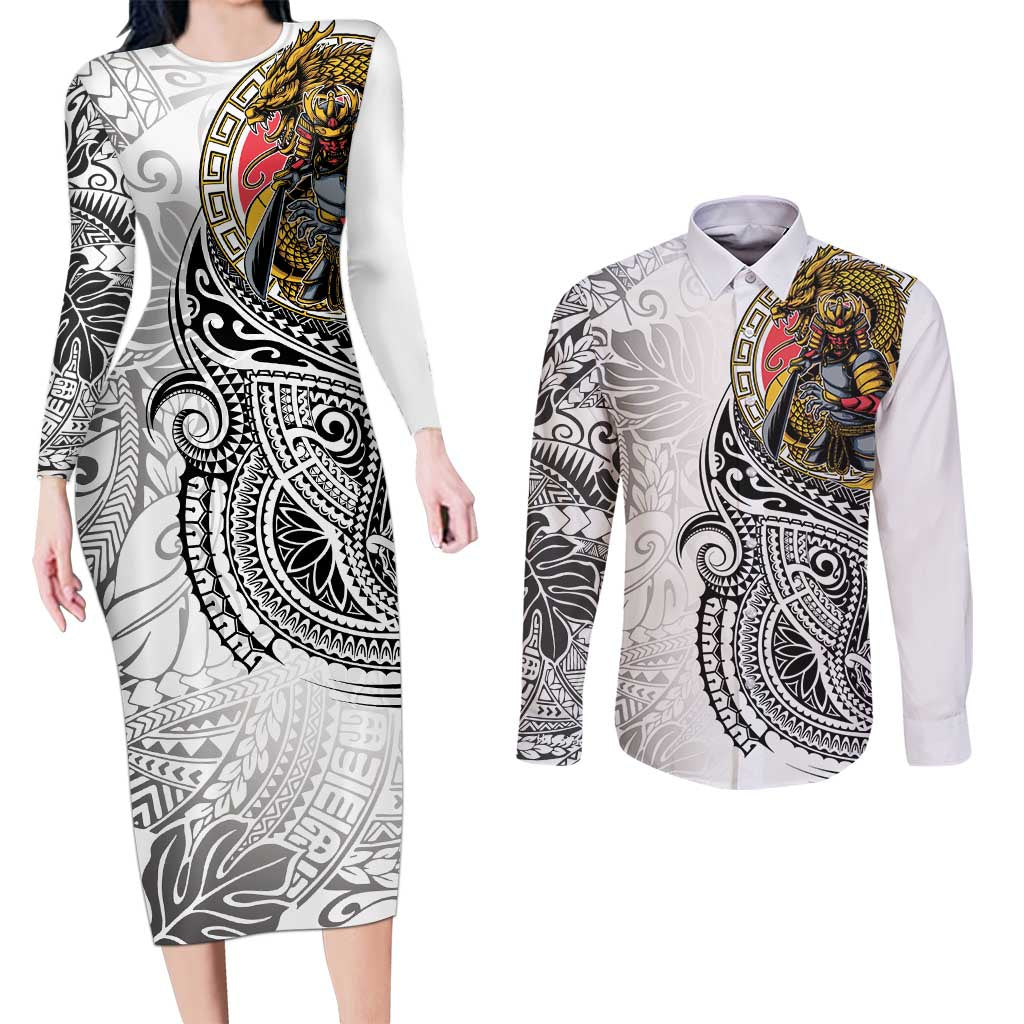 Japanese Samurai Warrior Couples Matching Long Sleeve Bodycon Dress and Long Sleeve Button Shirt White Polynesian Tattoo Style LT9 White - Polynesian Pride