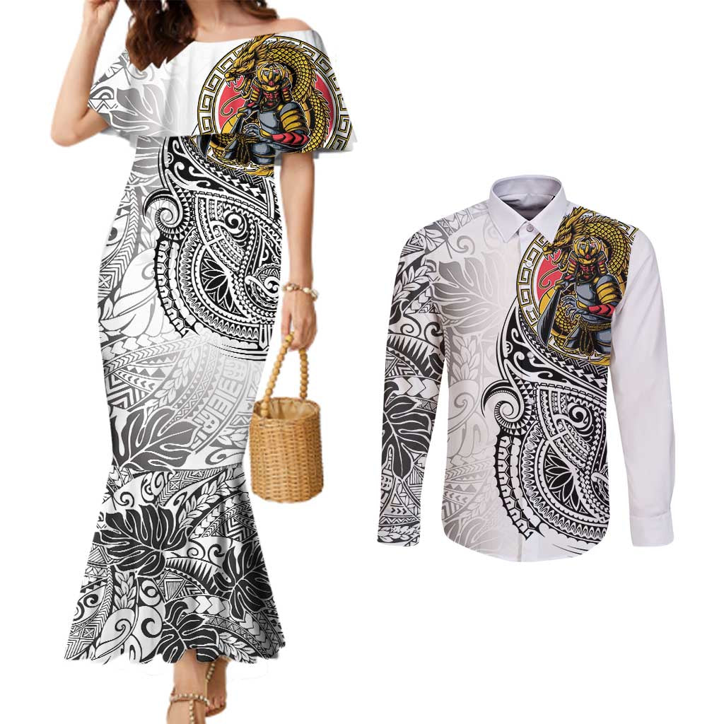 Japanese Samurai Warrior Couples Matching Mermaid Dress and Long Sleeve Button Shirt White Polynesian Tattoo Style LT9 White - Polynesian Pride
