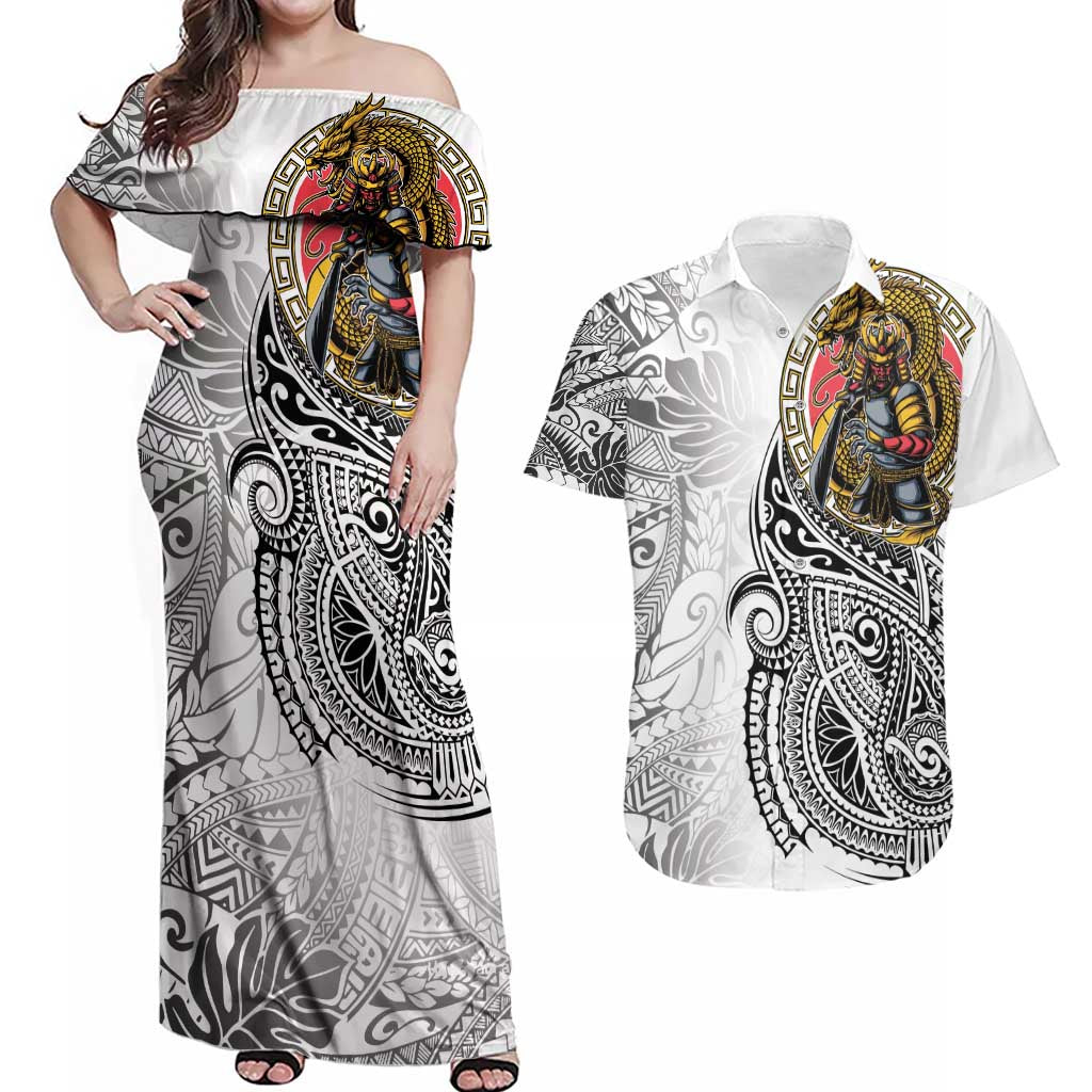 Japanese Samurai Warrior Couples Matching Off Shoulder Maxi Dress and Hawaiian Shirt White Polynesian Tattoo Style LT9 White - Polynesian Pride
