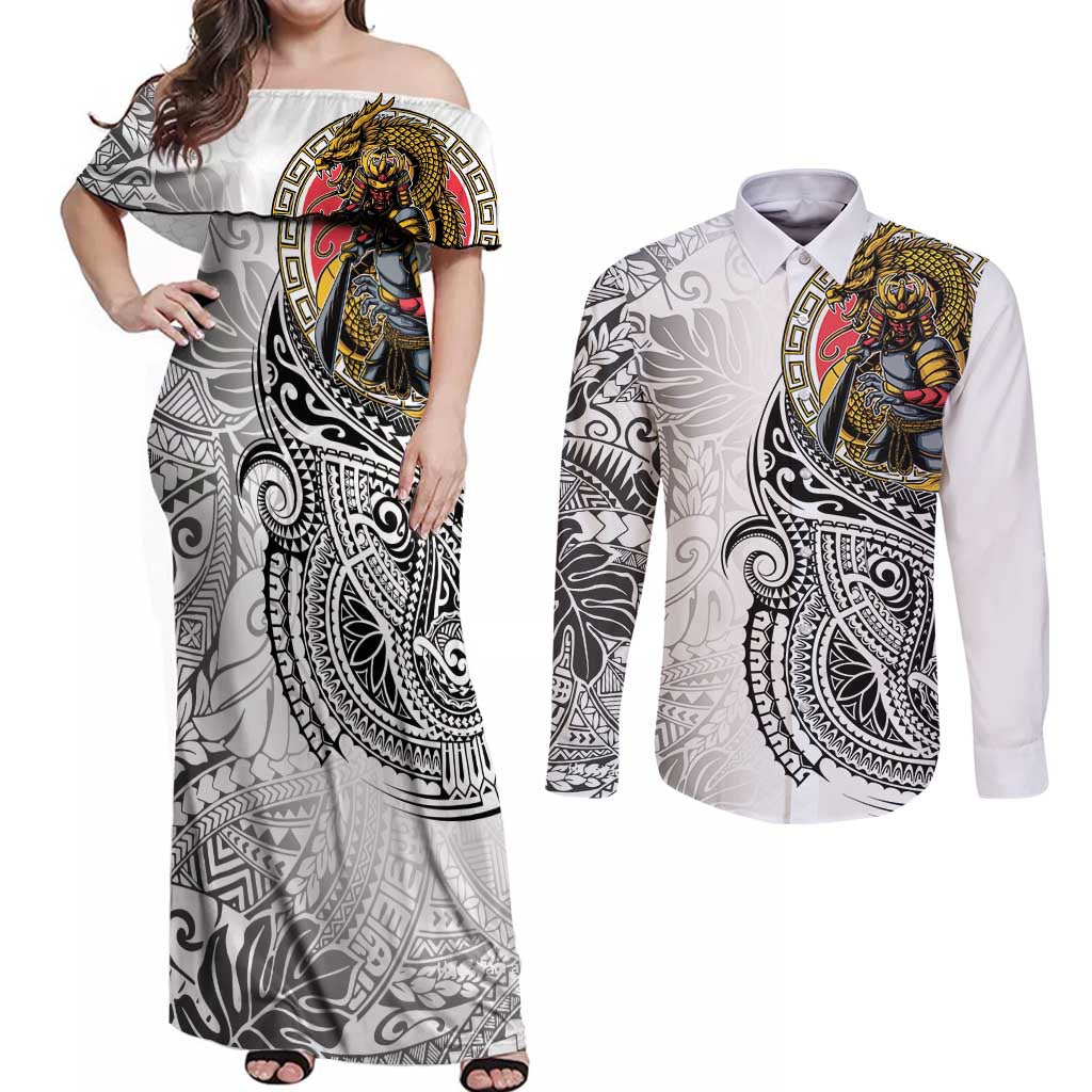Japanese Samurai Warrior Couples Matching Off Shoulder Maxi Dress and Long Sleeve Button Shirt White Polynesian Tattoo Style LT9 White - Polynesian Pride