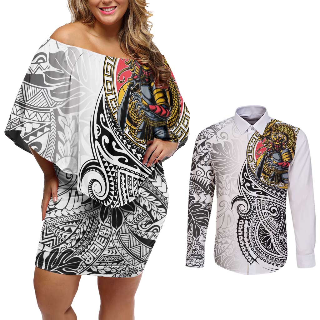 Japanese Samurai Warrior Couples Matching Off Shoulder Short Dress and Long Sleeve Button Shirt White Polynesian Tattoo Style LT9 White - Polynesian Pride