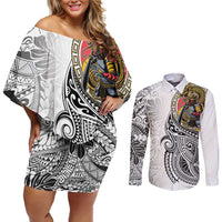 Japanese Samurai Warrior Couples Matching Off Shoulder Short Dress and Long Sleeve Button Shirt White Polynesian Tattoo Style
