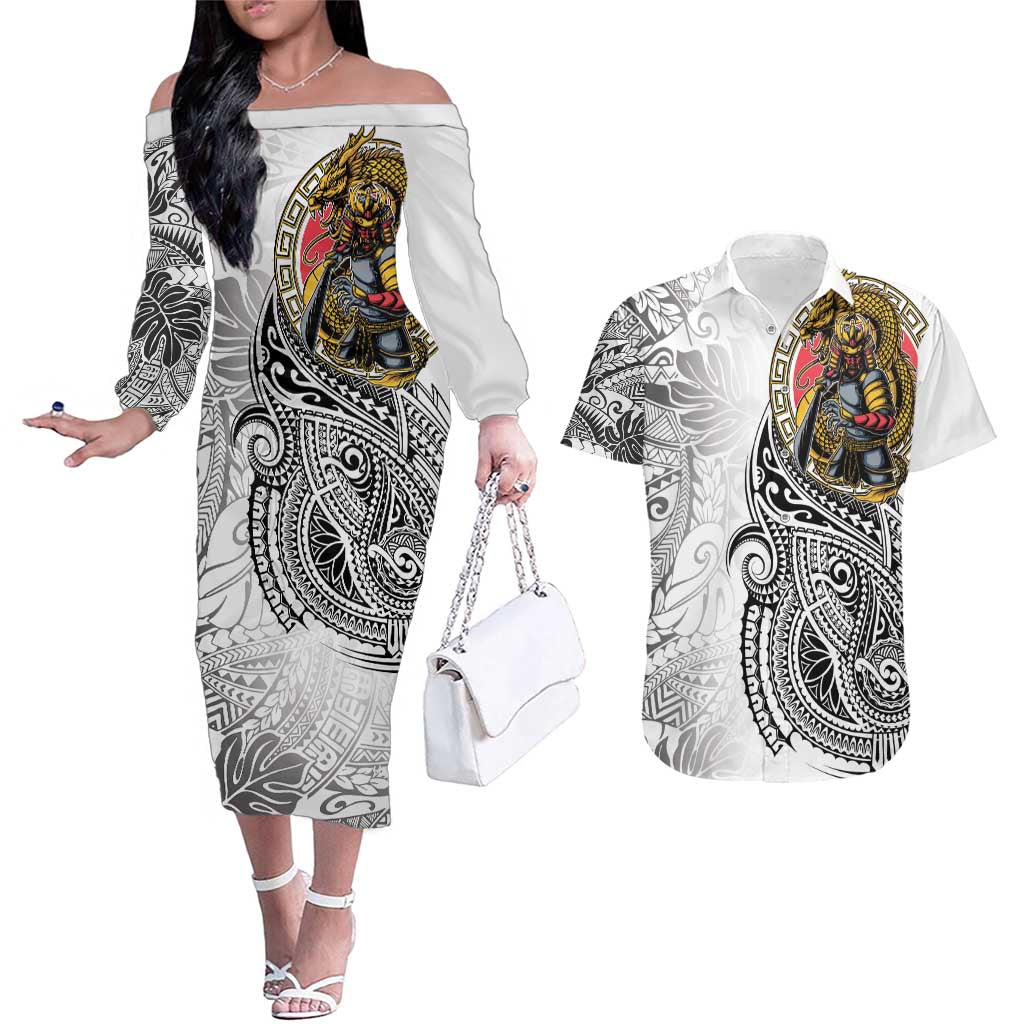 Japanese Samurai Warrior Couples Matching Off The Shoulder Long Sleeve Dress and Hawaiian Shirt White Polynesian Tattoo Style LT9 White - Polynesian Pride