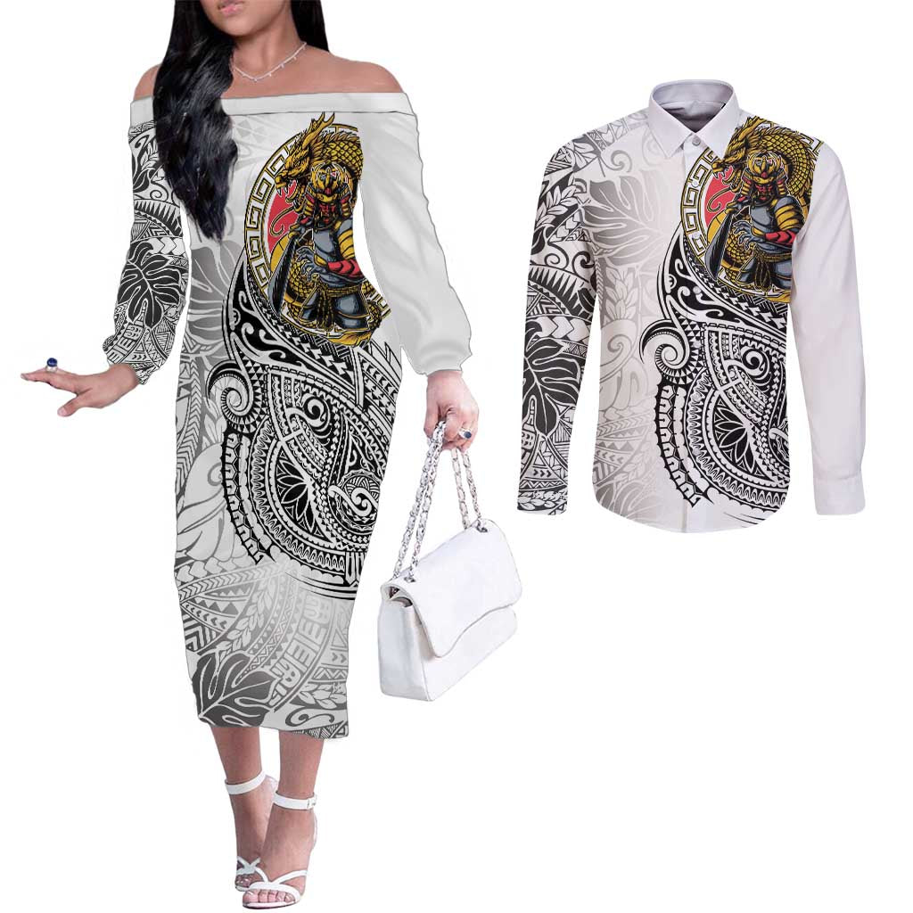 Japanese Samurai Warrior Couples Matching Off The Shoulder Long Sleeve Dress and Long Sleeve Button Shirt White Polynesian Tattoo Style LT9 White - Polynesian Pride