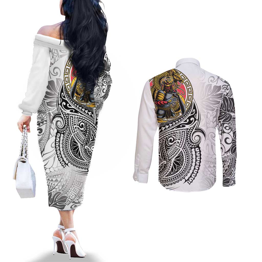 Japanese Samurai Warrior Couples Matching Off The Shoulder Long Sleeve Dress and Long Sleeve Button Shirt White Polynesian Tattoo Style