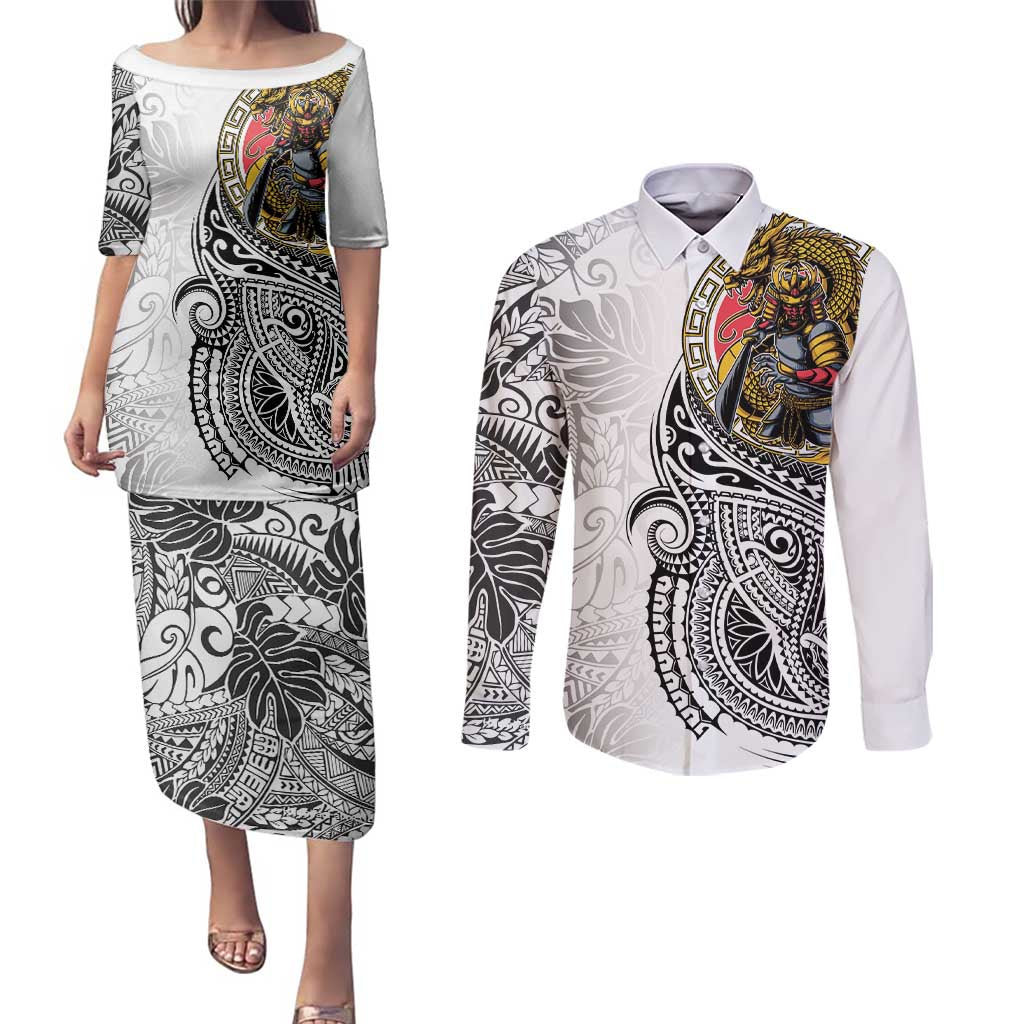 Japanese Samurai Warrior Couples Matching Puletasi and Long Sleeve Button Shirt White Polynesian Tattoo Style LT9 White - Polynesian Pride
