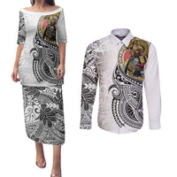 Japanese Samurai Warrior Couples Matching Puletasi and Long Sleeve Button Shirt White Polynesian Tattoo Style