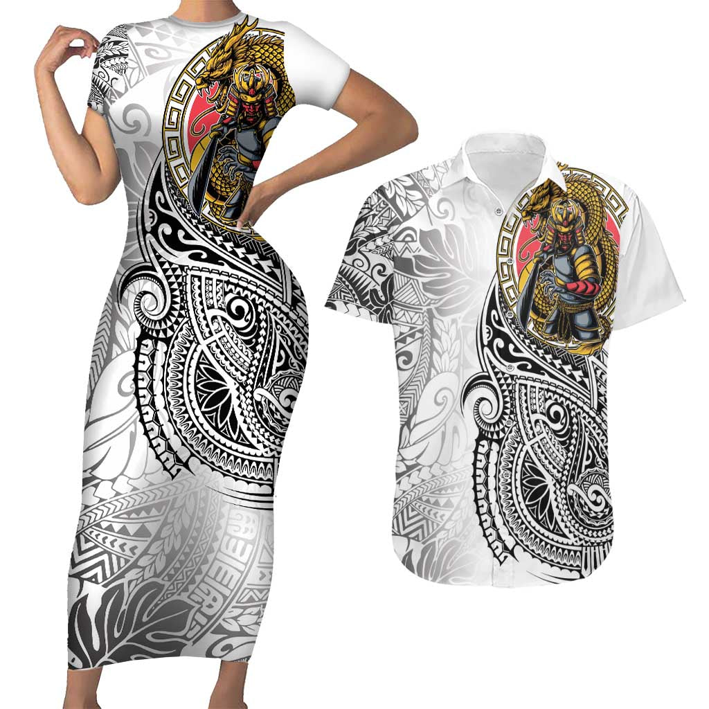 Japanese Samurai Warrior Couples Matching Short Sleeve Bodycon Dress and Hawaiian Shirt White Polynesian Tattoo Style LT9 White - Polynesian Pride