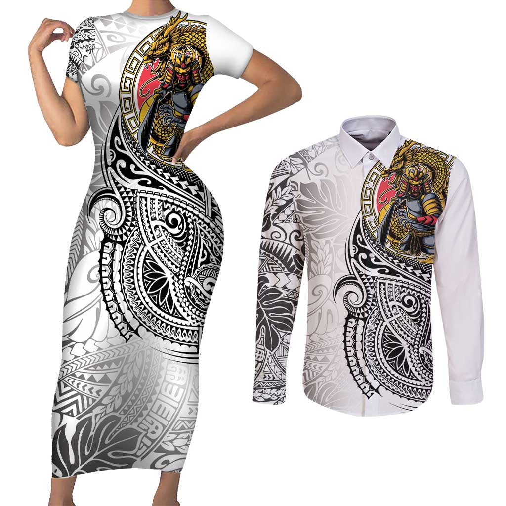 Japanese Samurai Warrior Couples Matching Short Sleeve Bodycon Dress and Long Sleeve Button Shirt White Polynesian Tattoo Style LT9 White - Polynesian Pride