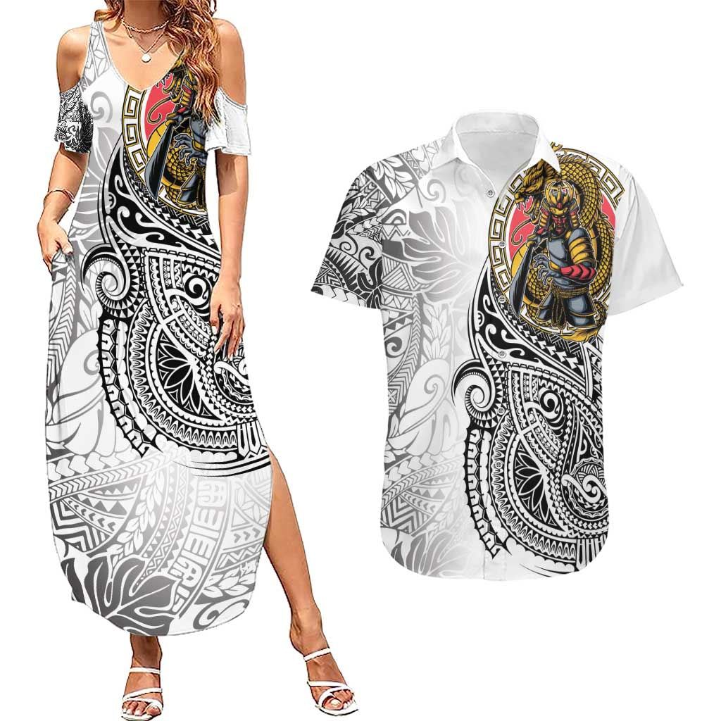 Japanese Samurai Warrior Couples Matching Summer Maxi Dress and Hawaiian Shirt White Polynesian Tattoo Style LT9 White - Polynesian Pride