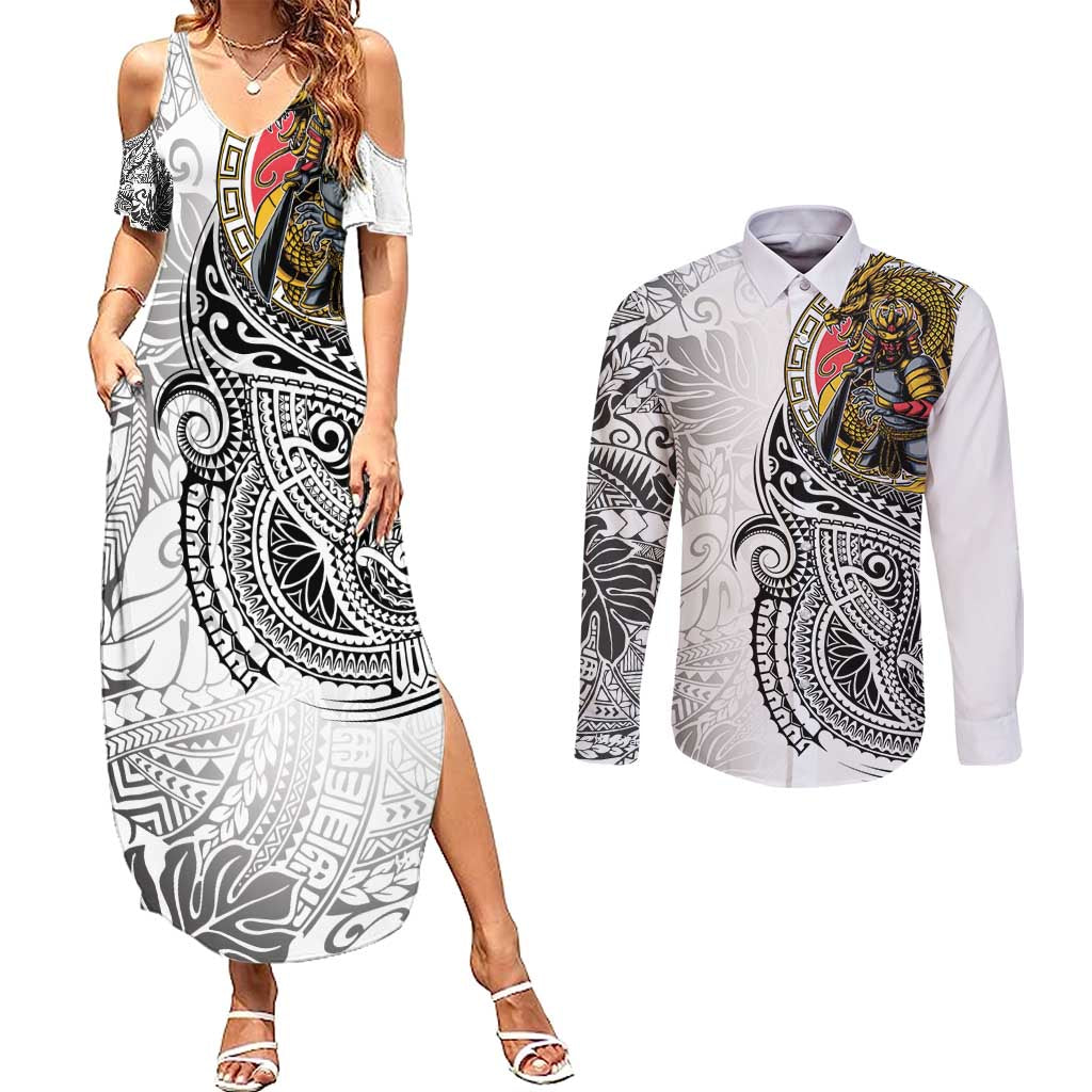 Japanese Samurai Warrior Couples Matching Summer Maxi Dress and Long Sleeve Button Shirt White Polynesian Tattoo Style LT9 White - Polynesian Pride