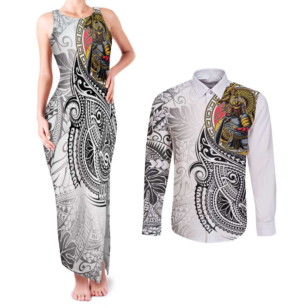 Japanese Samurai Warrior Couples Matching Tank Maxi Dress and Long Sleeve Button Shirt White Polynesian Tattoo Style LT9 White - Polynesian Pride