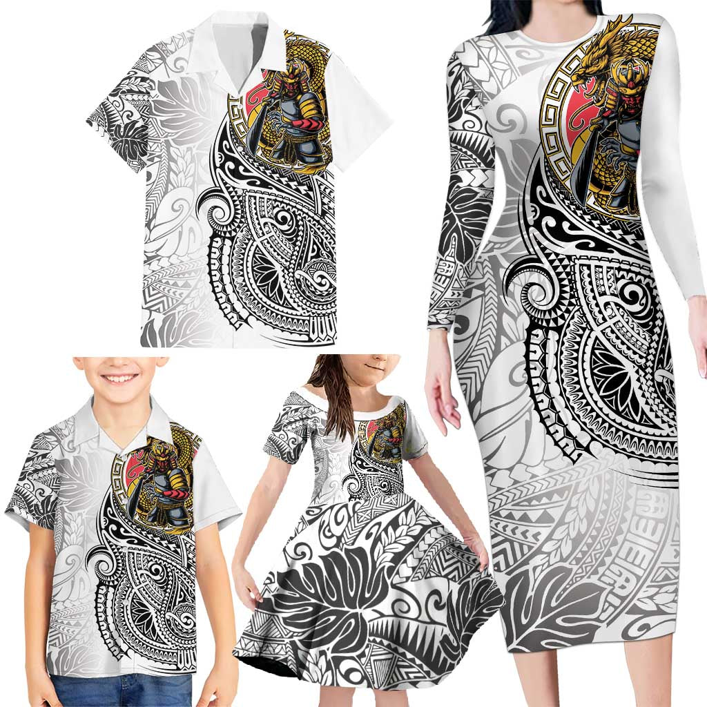 Japanese Samurai Warrior Family Matching Long Sleeve Bodycon Dress and Hawaiian Shirt White Polynesian Tattoo Style LT9 - Polynesian Pride