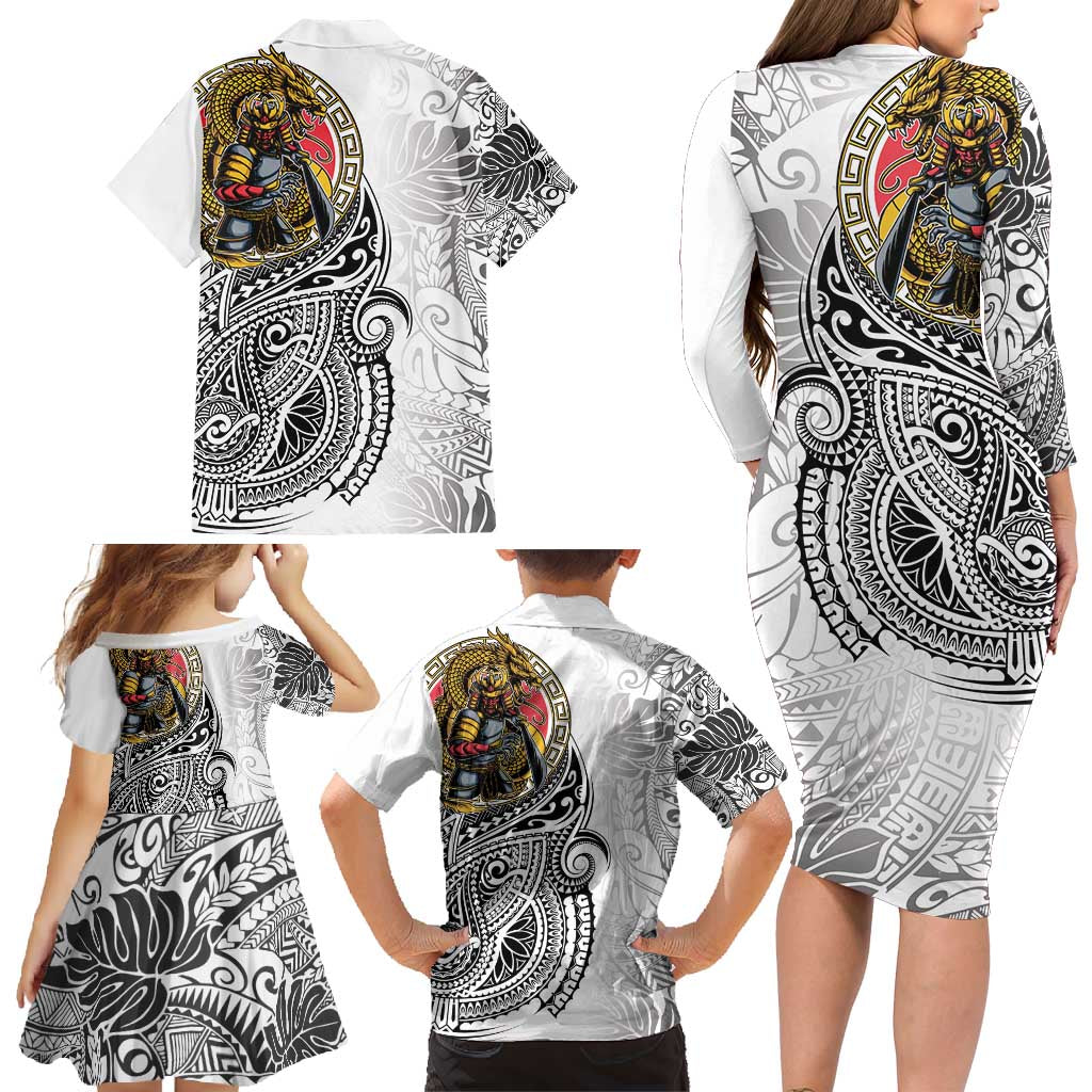 Japanese Samurai Warrior Family Matching Long Sleeve Bodycon Dress and Hawaiian Shirt White Polynesian Tattoo Style LT9 - Polynesian Pride