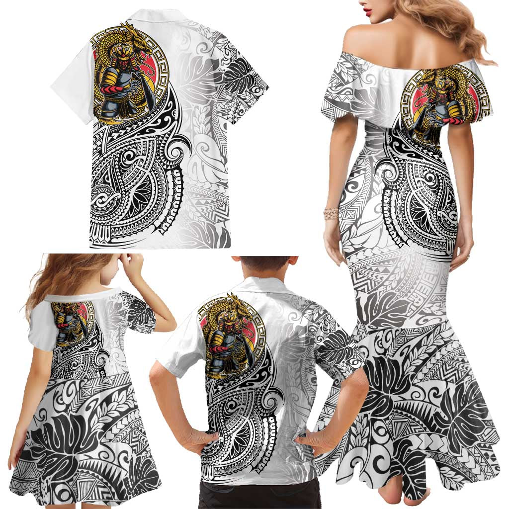 Japanese Samurai Warrior Family Matching Mermaid Dress and Hawaiian Shirt White Polynesian Tattoo Style LT9 - Polynesian Pride