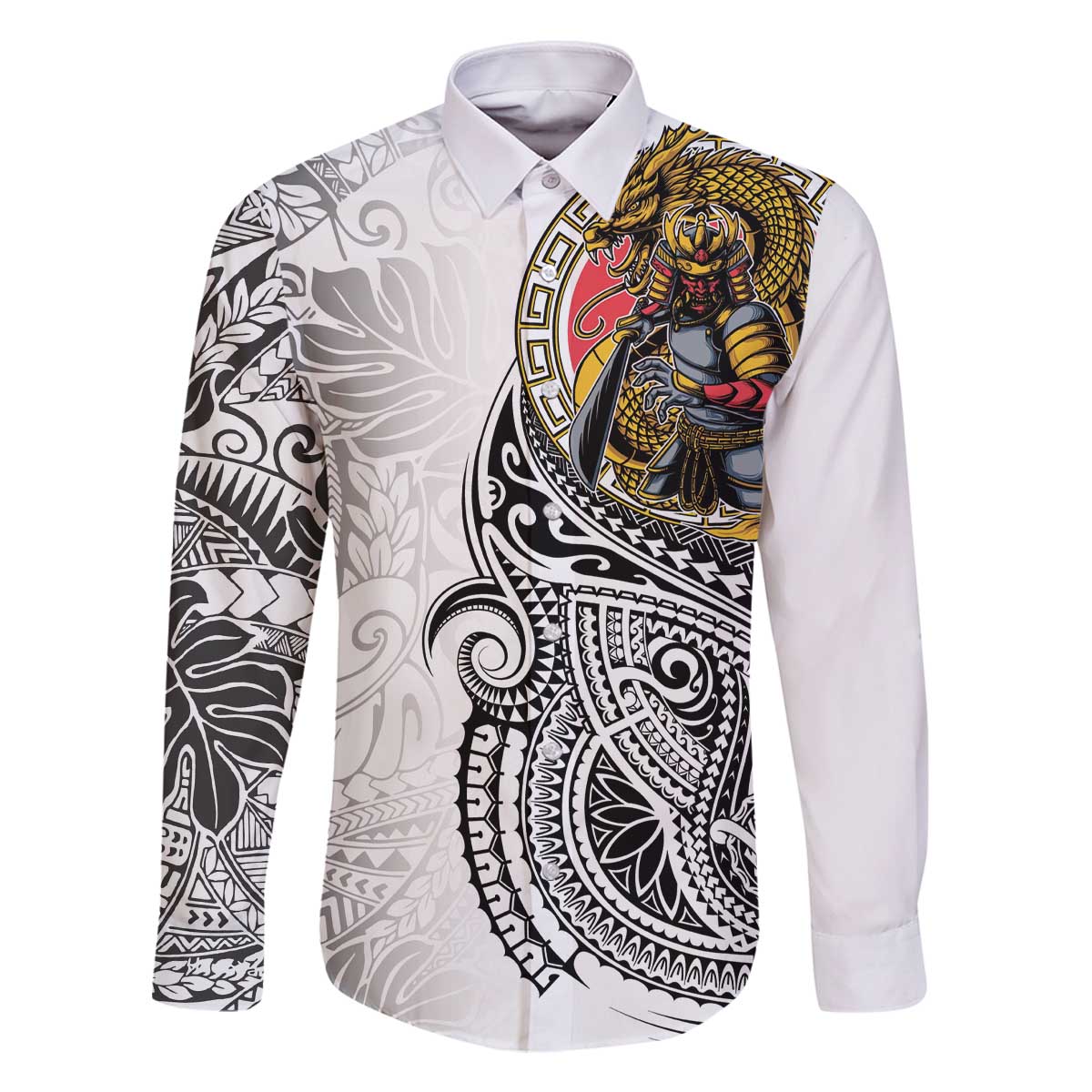 Japanese Samurai Warrior Family Matching Off The Shoulder Long Sleeve Dress and Hawaiian Shirt White Polynesian Tattoo Style LT9 Dad's Shirt - Long Sleeve White - Polynesian Pride